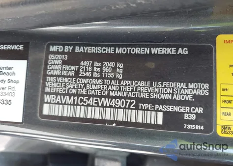 2014 BMW X1 Sdrive28I from USA, damaged, VIN WBAVM1C54EVW49072